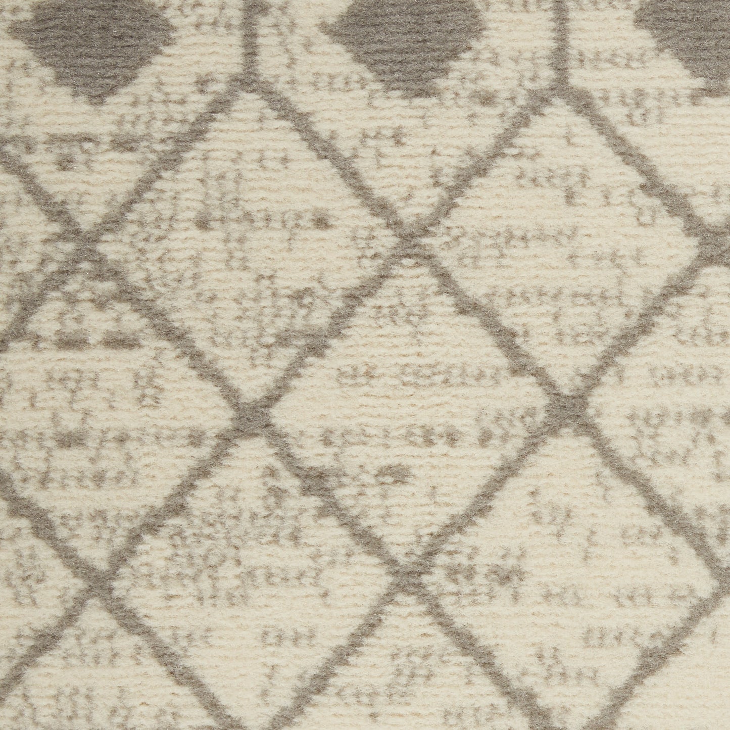 Beige and taupe diamond lattice area rug with soft tufted pile; Moroccan trellis-inspired design for neutral spaces.