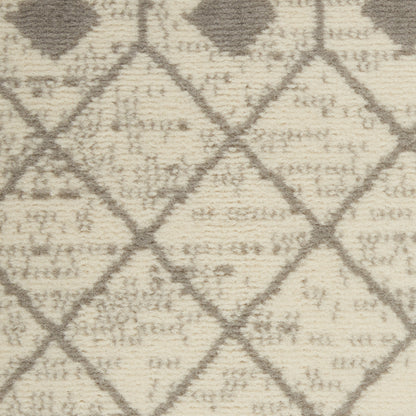 Beige and taupe diamond lattice area rug with soft tufted pile; Moroccan trellis-inspired design for neutral spaces.