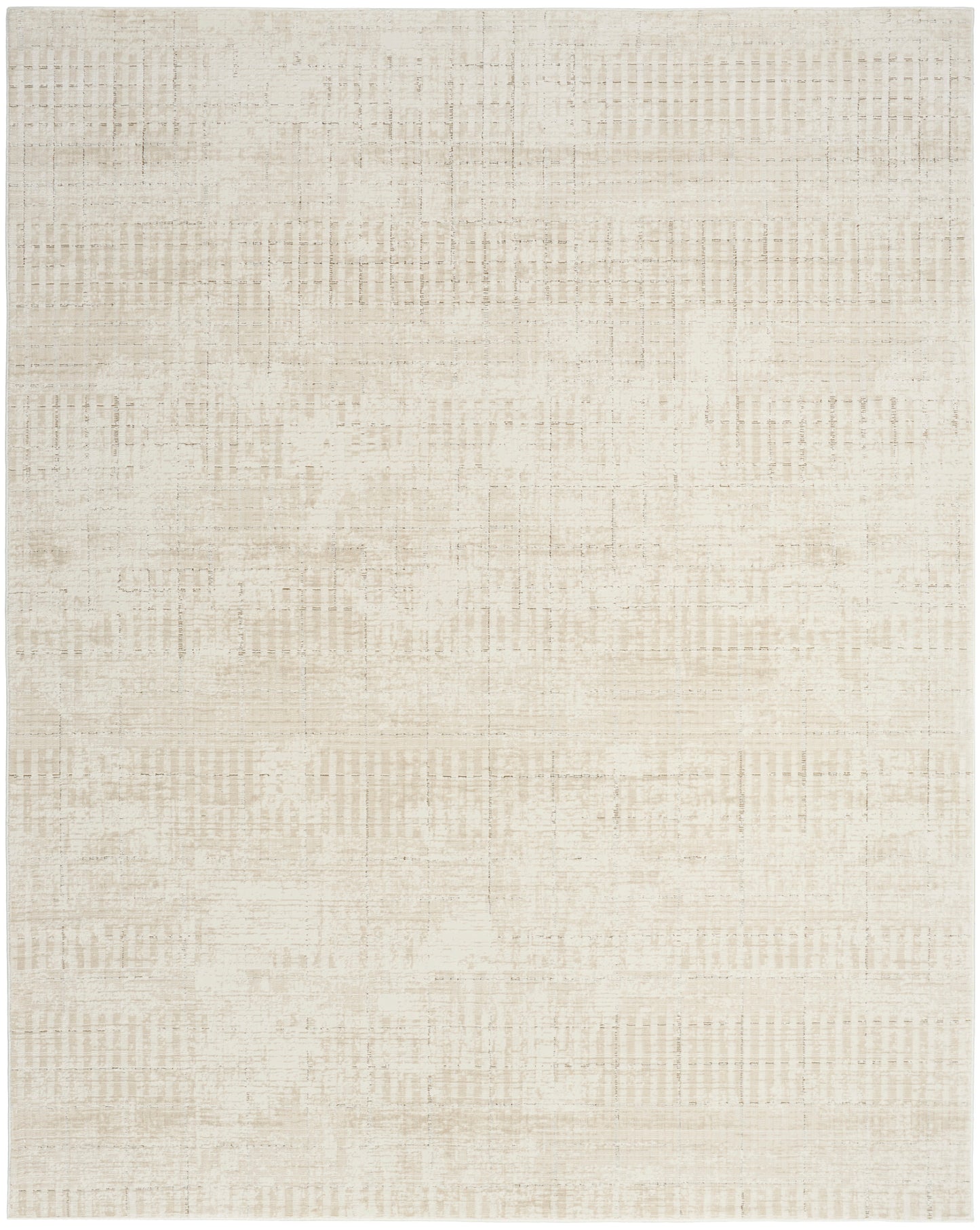 Neutral beige area rug with a muted, distressed patchwork pattern and soft, warm tones.