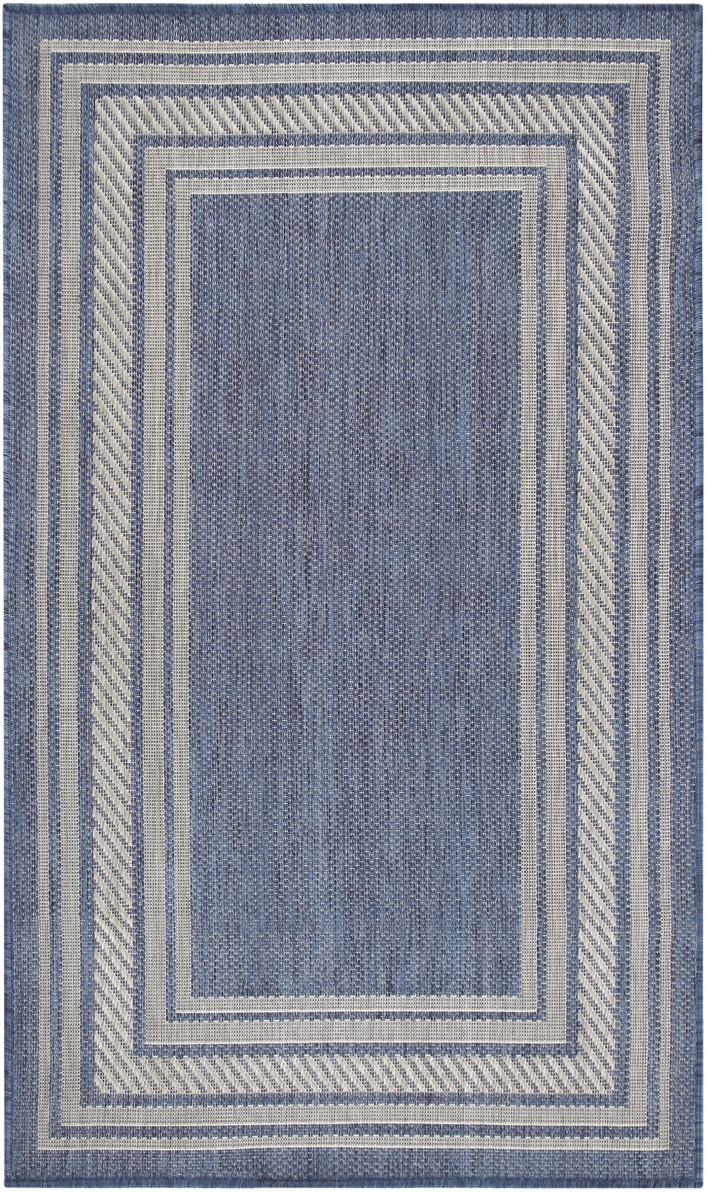 Blue rectangular rug with cream nested borders and diagonal-striped frame; textured blue center.