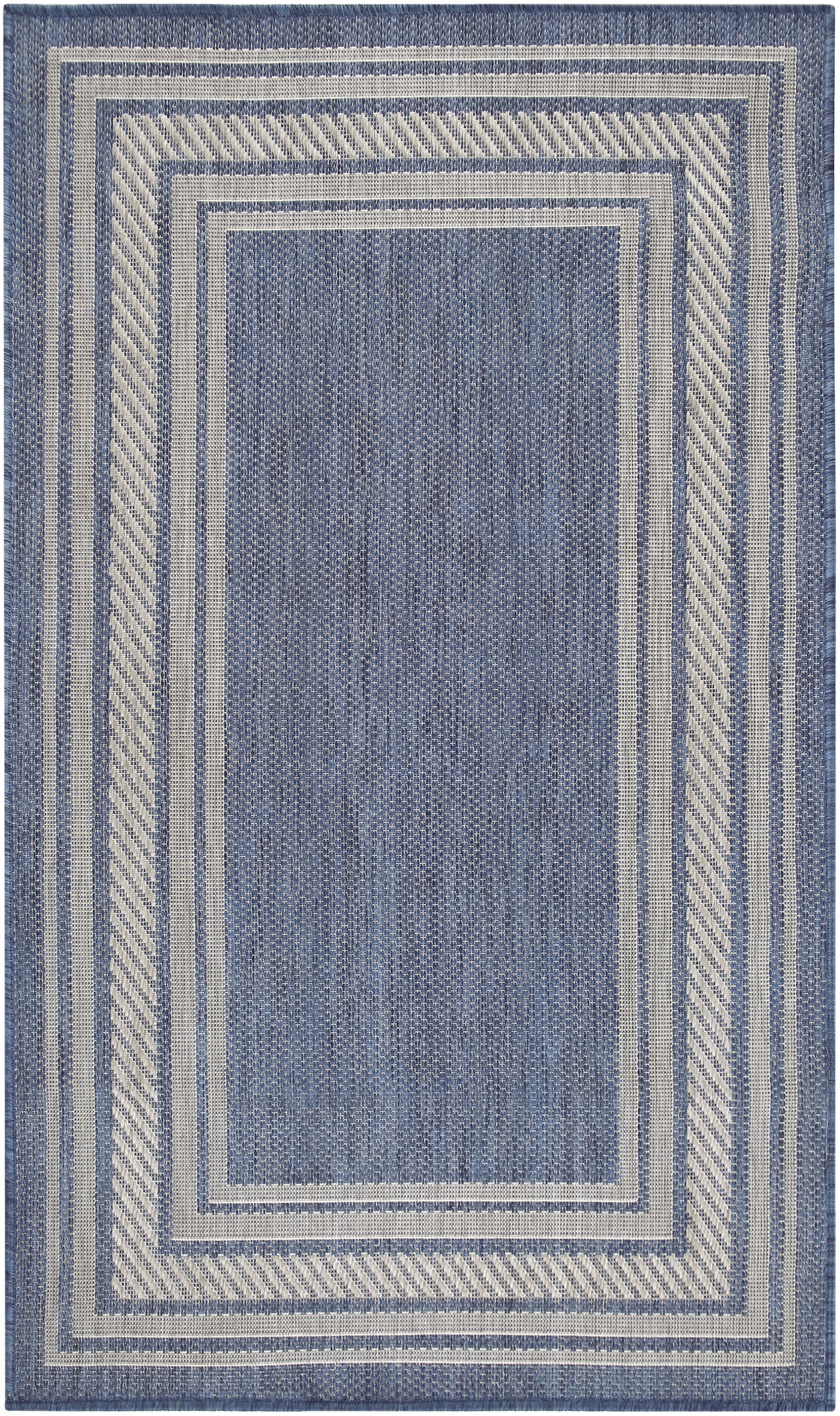 Blue rectangular rug with cream nested borders and diagonal-striped frame; textured blue center.