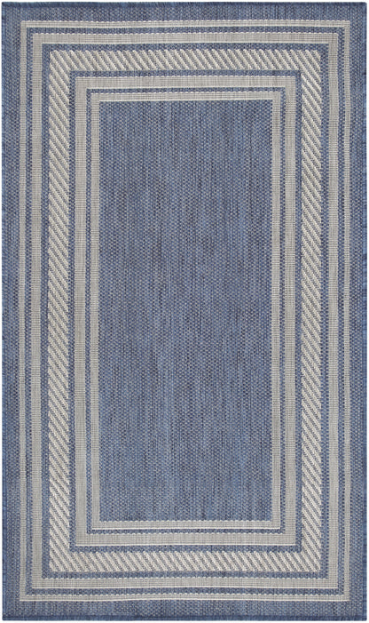 Blue rectangular rug with cream nested borders and diagonal-striped frame; textured blue center.