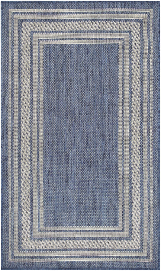 Blue rectangular rug with cream nested borders and diagonal-striped frame; textured blue center.