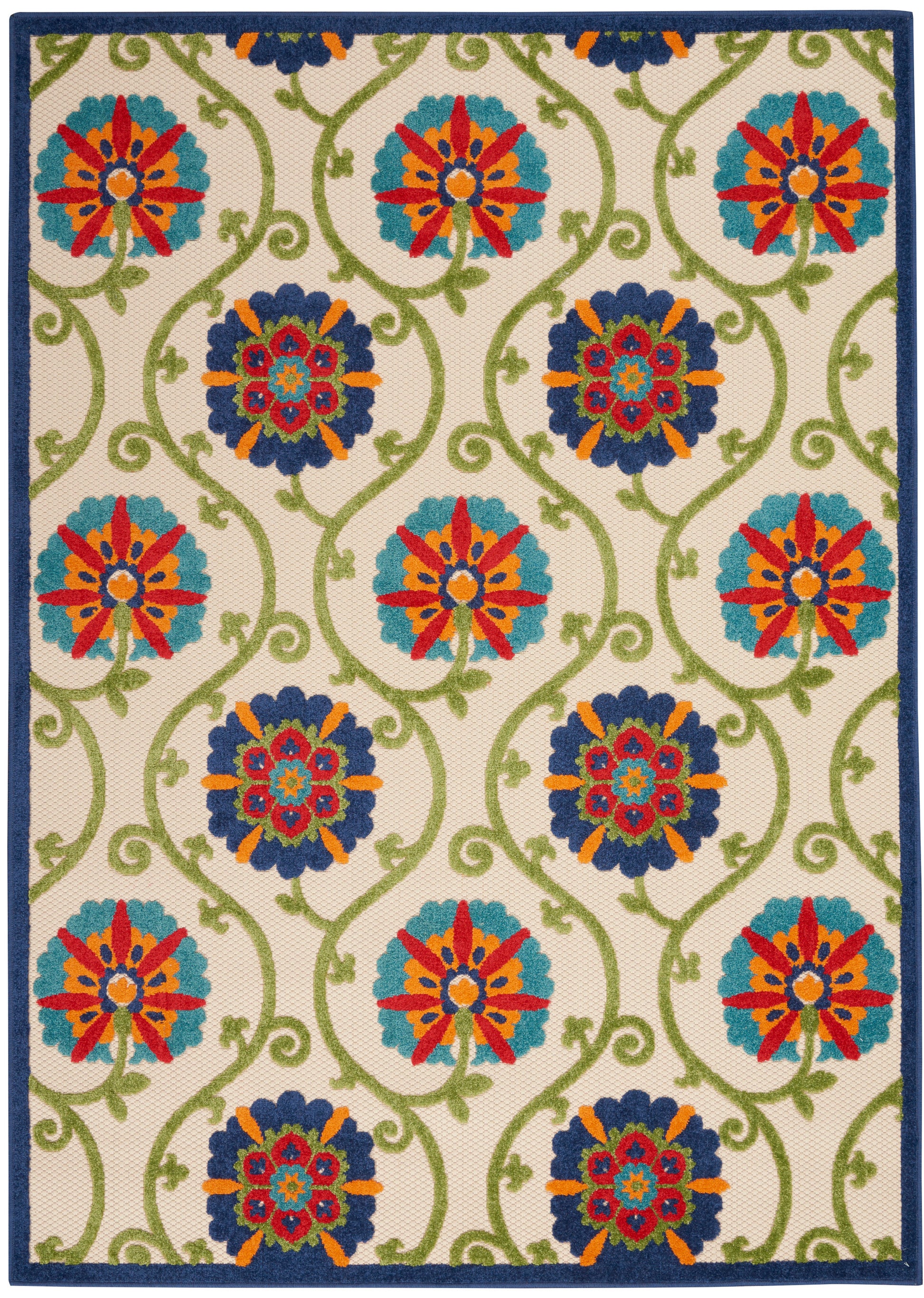 Decorative area rug with cream background, teal & red floral medallions connected by green vines, navy border.