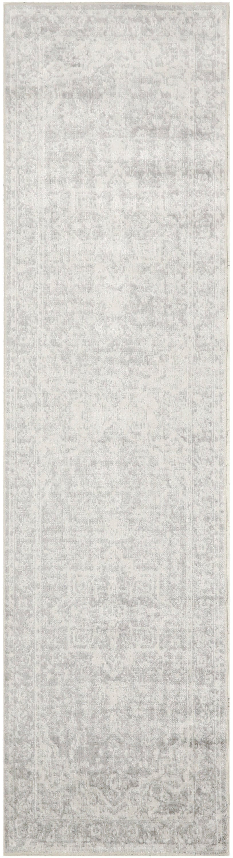 Light gray distressed oriental runner rug, long narrow shape with subtle faded motifs; ideal for hall or entry