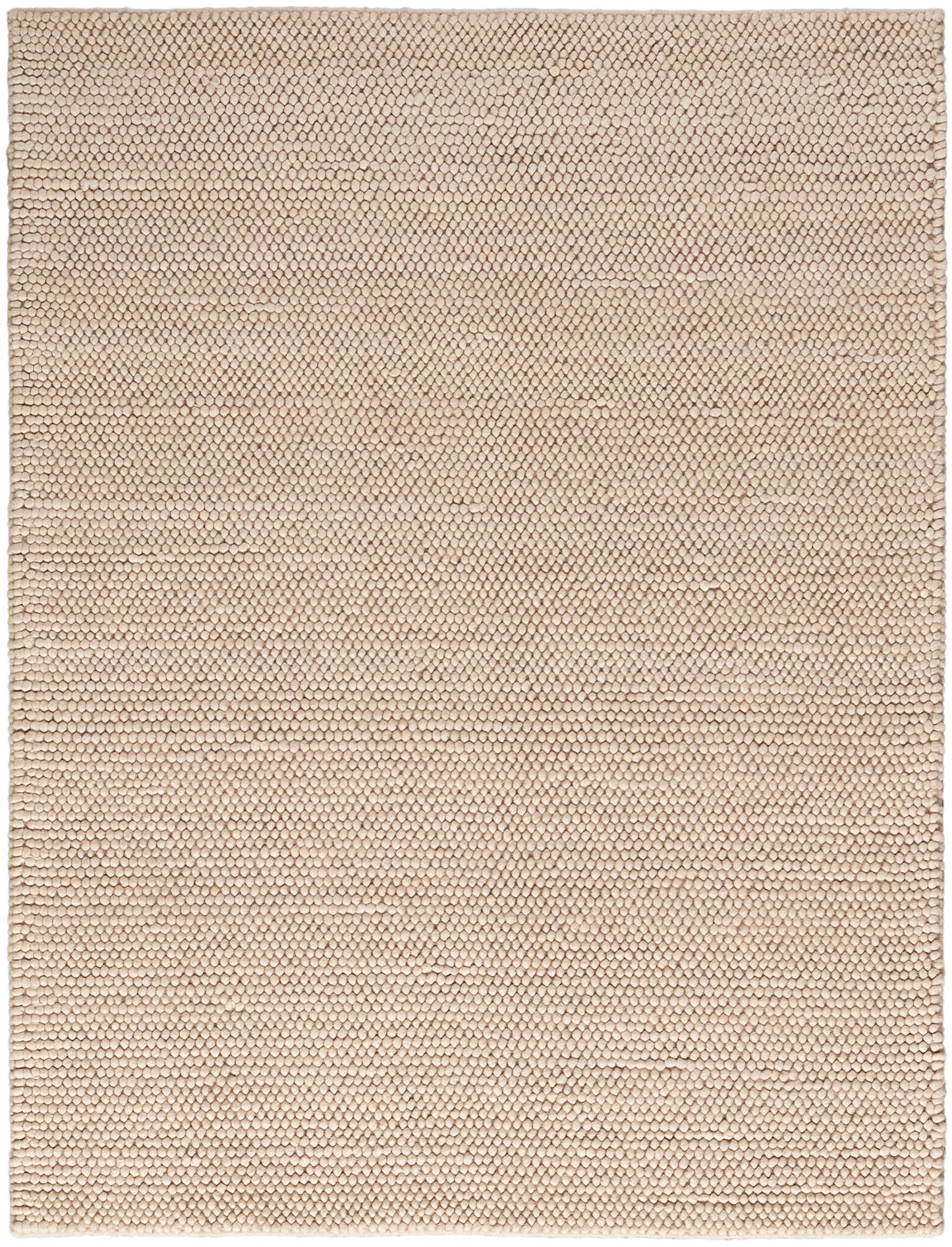 Beige textured looped rug with tiny pebble-like surface; flat-weave rectangle for neutral interiors.