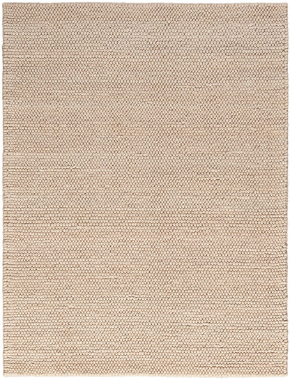 Beige textured looped rug with tiny pebble-like surface; flat-weave rectangle for neutral interiors.