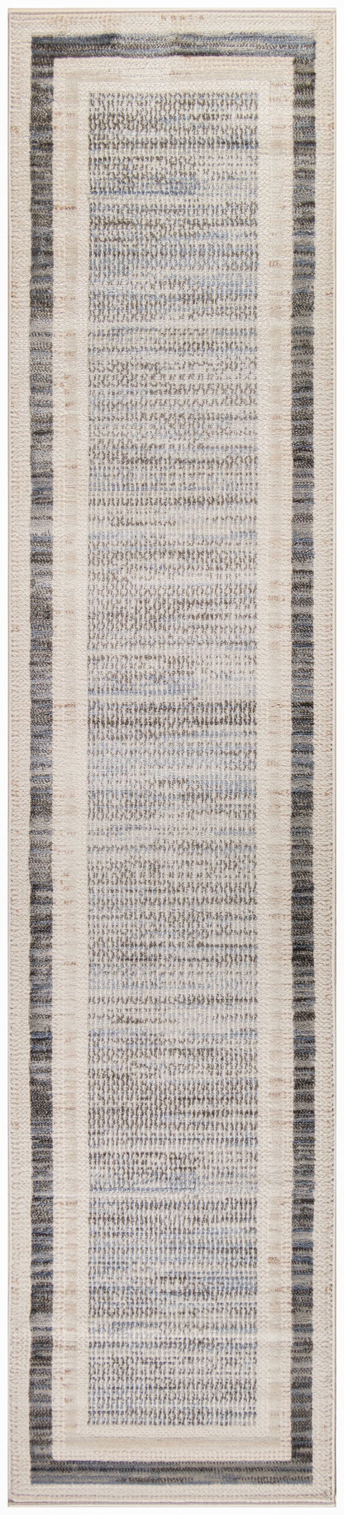 Long beige & blue woven runner rug with cream borders; neutral hallway decor.