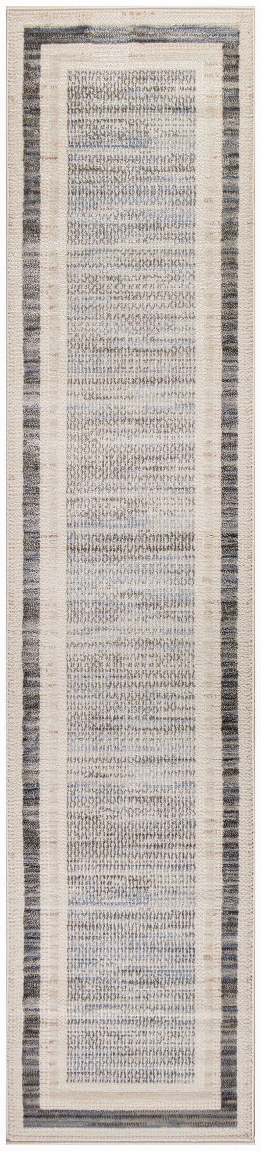 Long beige & blue woven runner rug with cream borders; neutral hallway decor.