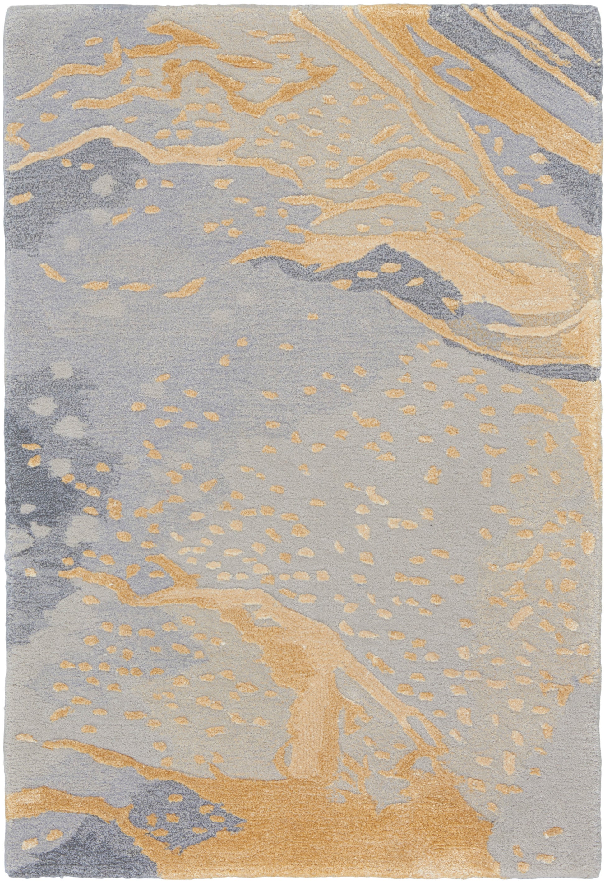 Abstract lavender-gray area rug with metallic golden marbled swirls and speckles.