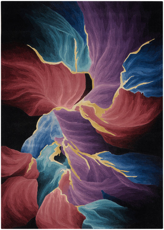 Abstract floral-inspired rug with vibrant red, purple, blue and teal petals outlined in gold on a black background (6' x 8').
