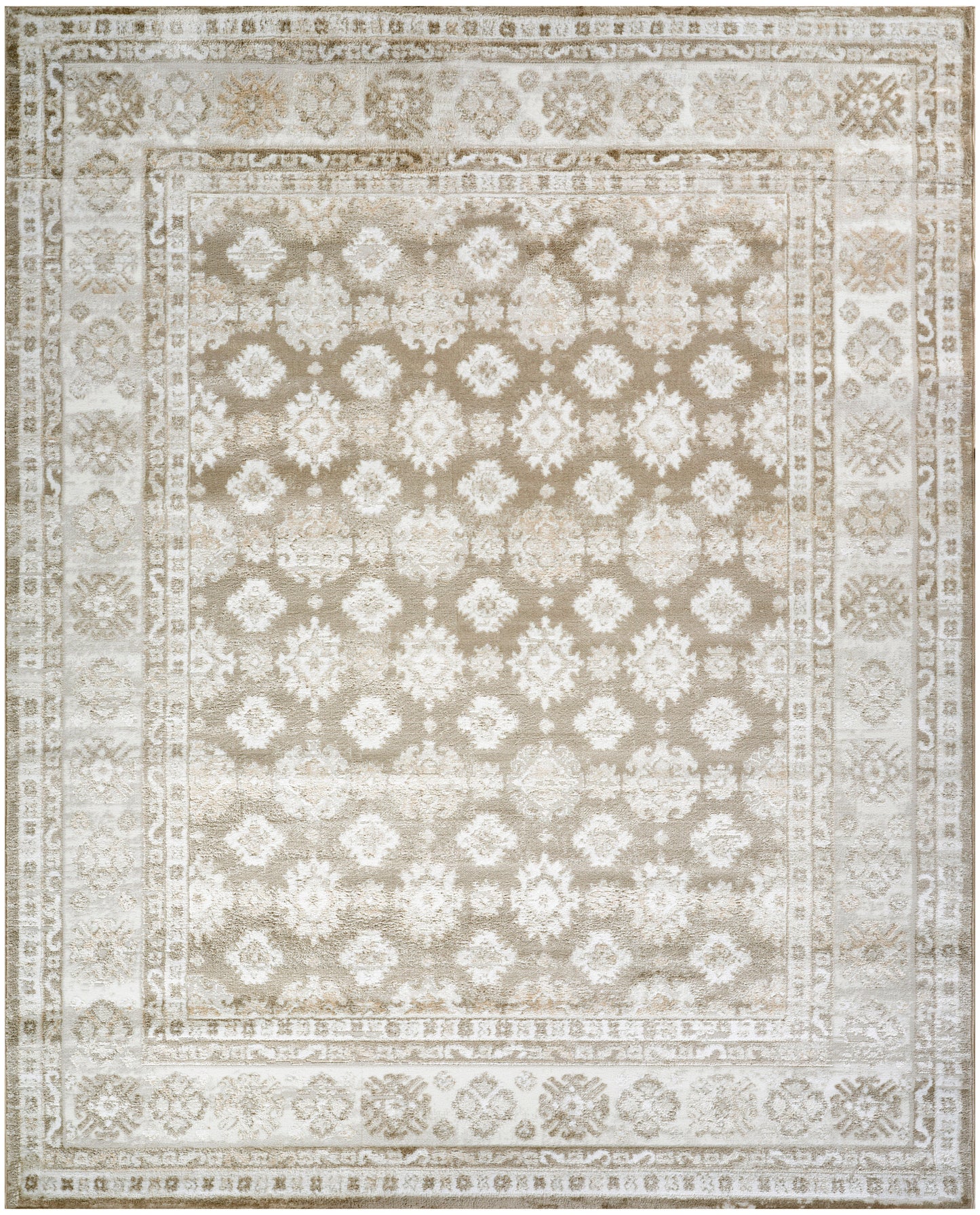 Beige and ivory distressed oriental rug with repeating floral medallions and layered decorative borders.