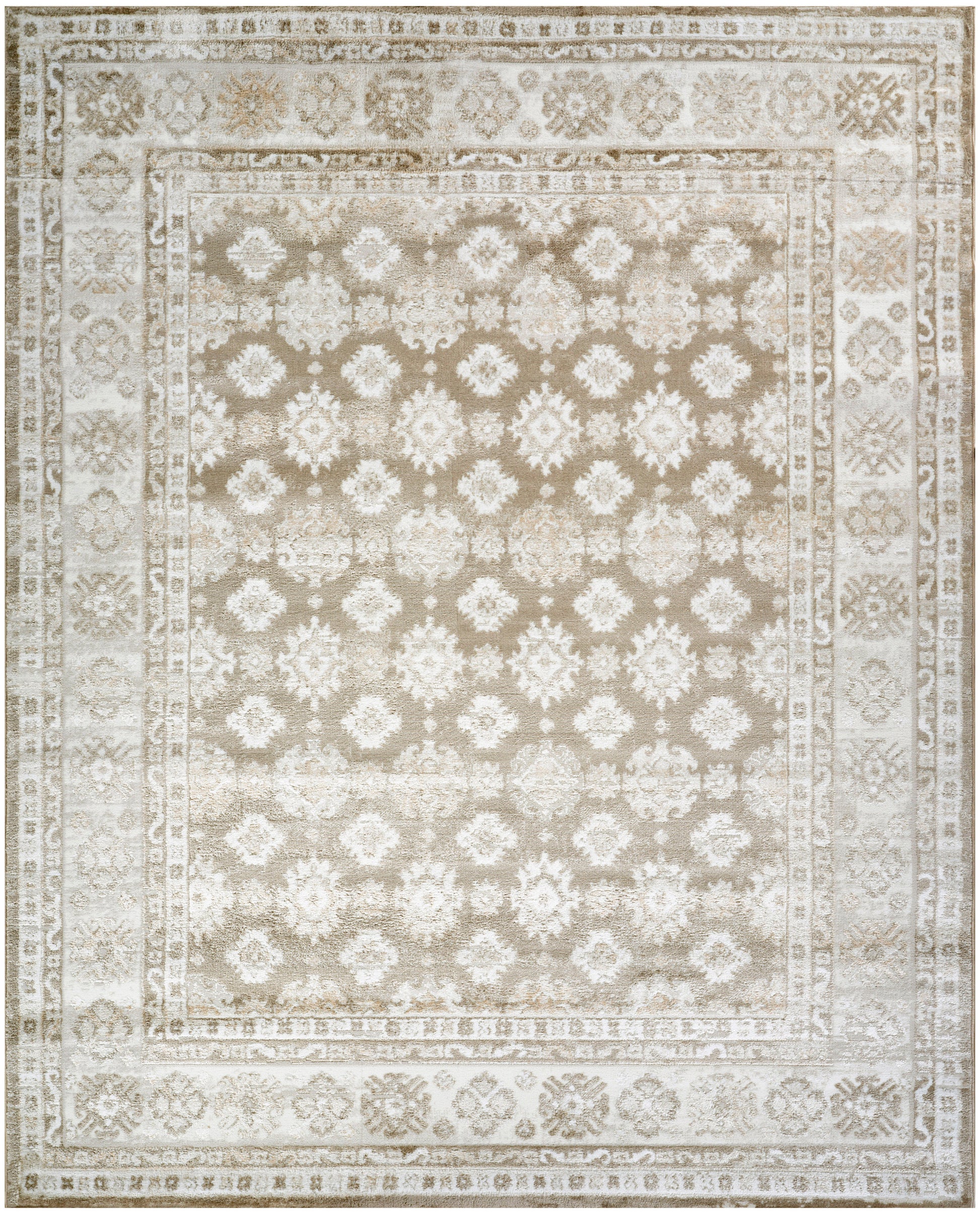 Beige and ivory distressed oriental rug with repeating floral medallions and layered decorative borders.