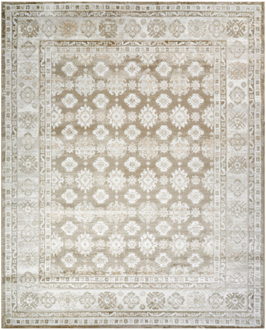 Beige and ivory distressed oriental rug with repeating floral medallions and layered decorative borders.
