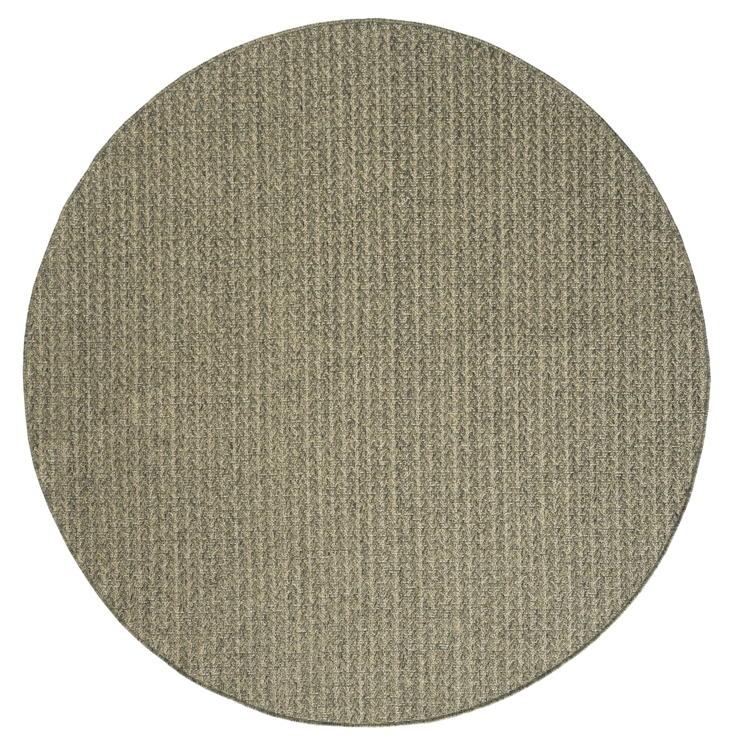 Round taupe rug with tight ribbed weave, textured beige surface.