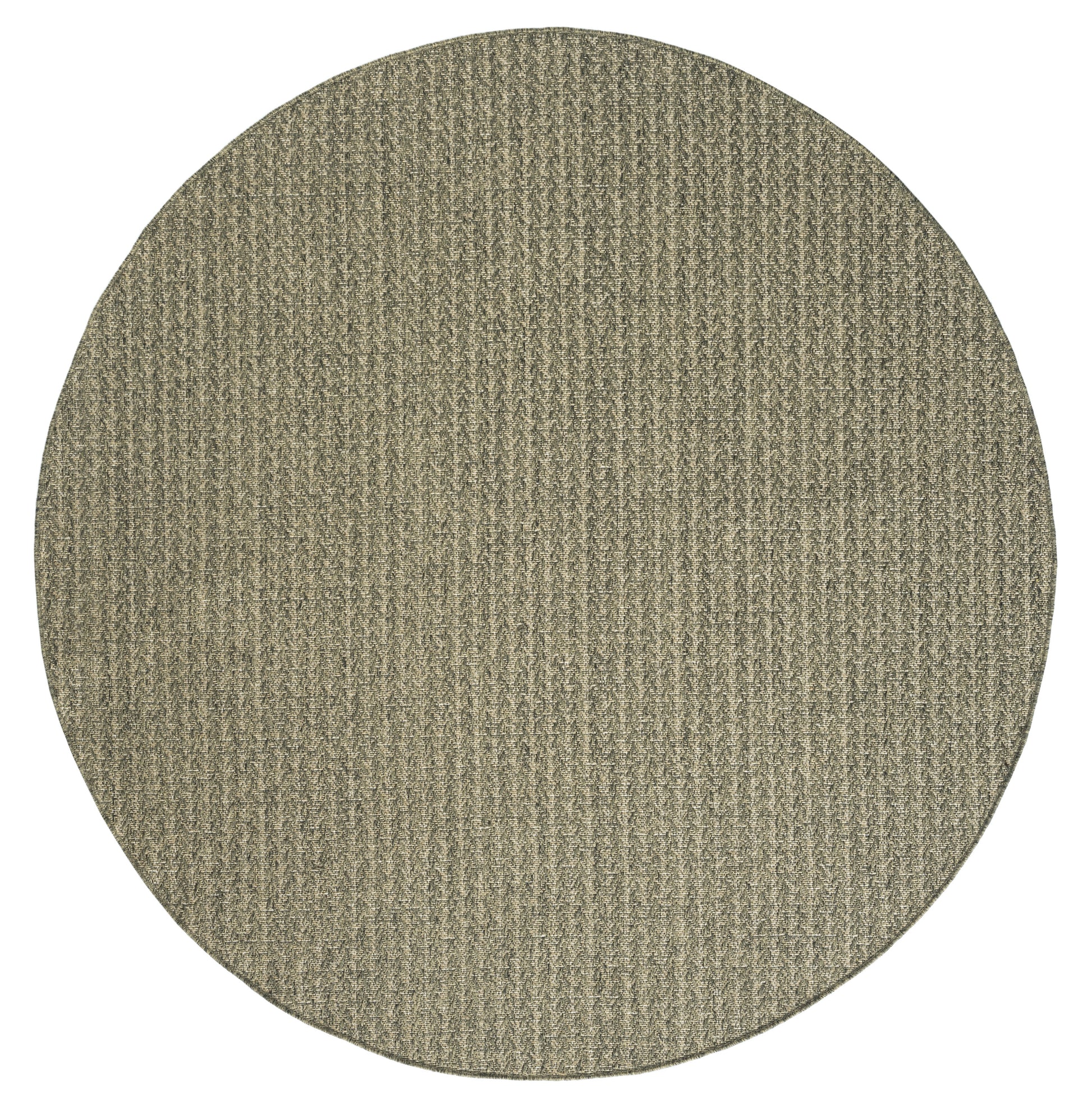 Round taupe rug with tight ribbed weave, textured beige surface.