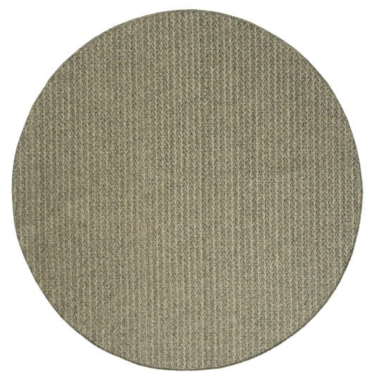Round taupe rug with tight ribbed weave, textured beige surface.