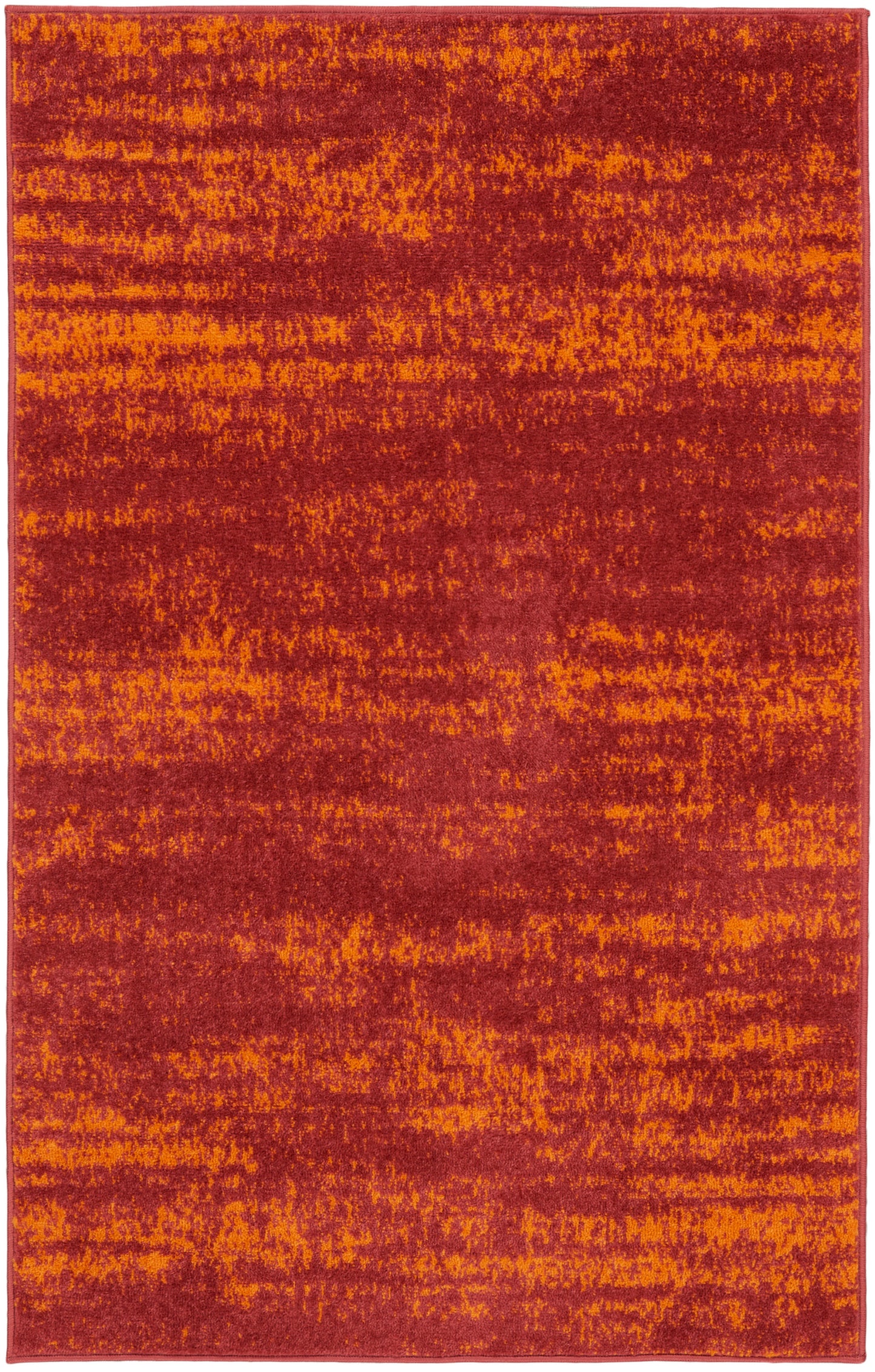 Rectangular rug with maroon base and orange speckled, abstract distressed pattern; bordered edges.