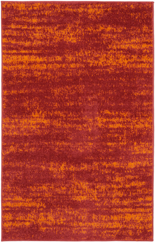 Rectangular rug with maroon base and orange speckled, abstract distressed pattern; bordered edges.