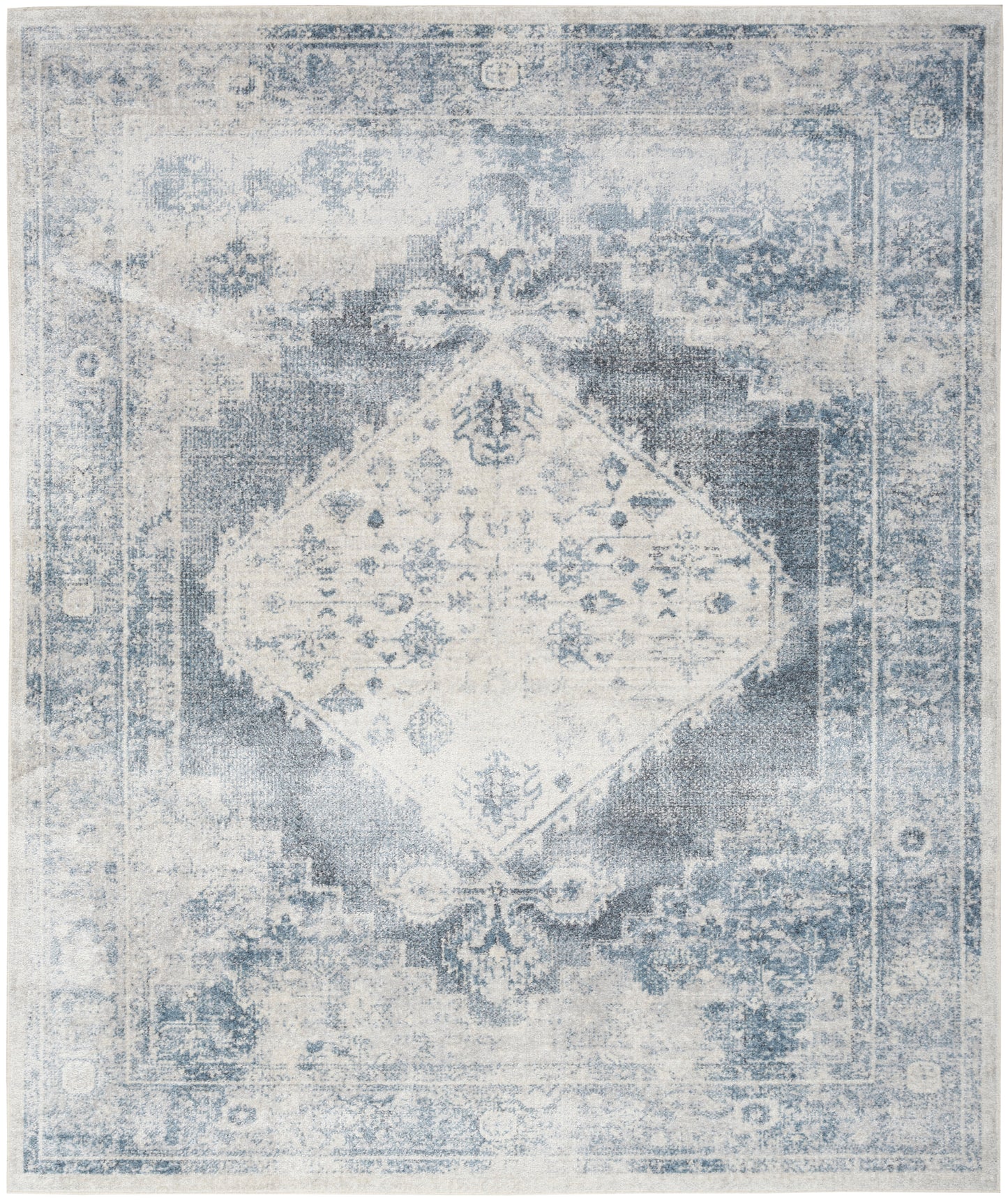 Blue distressed vintage oriental rug with central diamond medallion, faded wash, ivory & azure tones, rectangular decor rug.