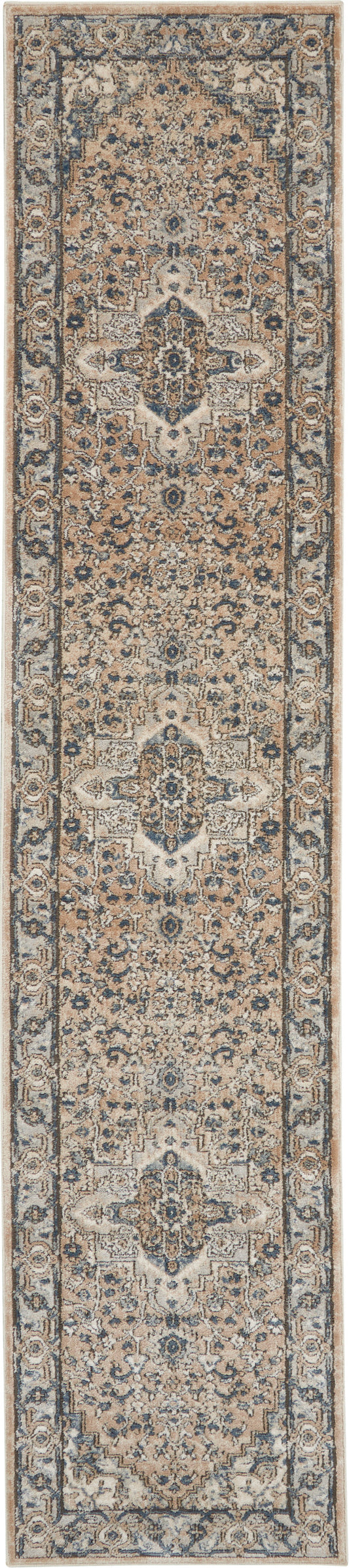 Persian-style runner rug with beige field, blue-gray borders and intricate floral medallions.