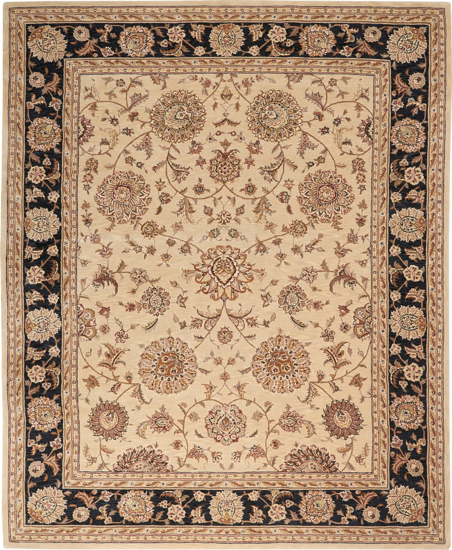 Rectangular Persian-style rug with beige center, ornate floral medallions, and a dark navy border with gold accents.