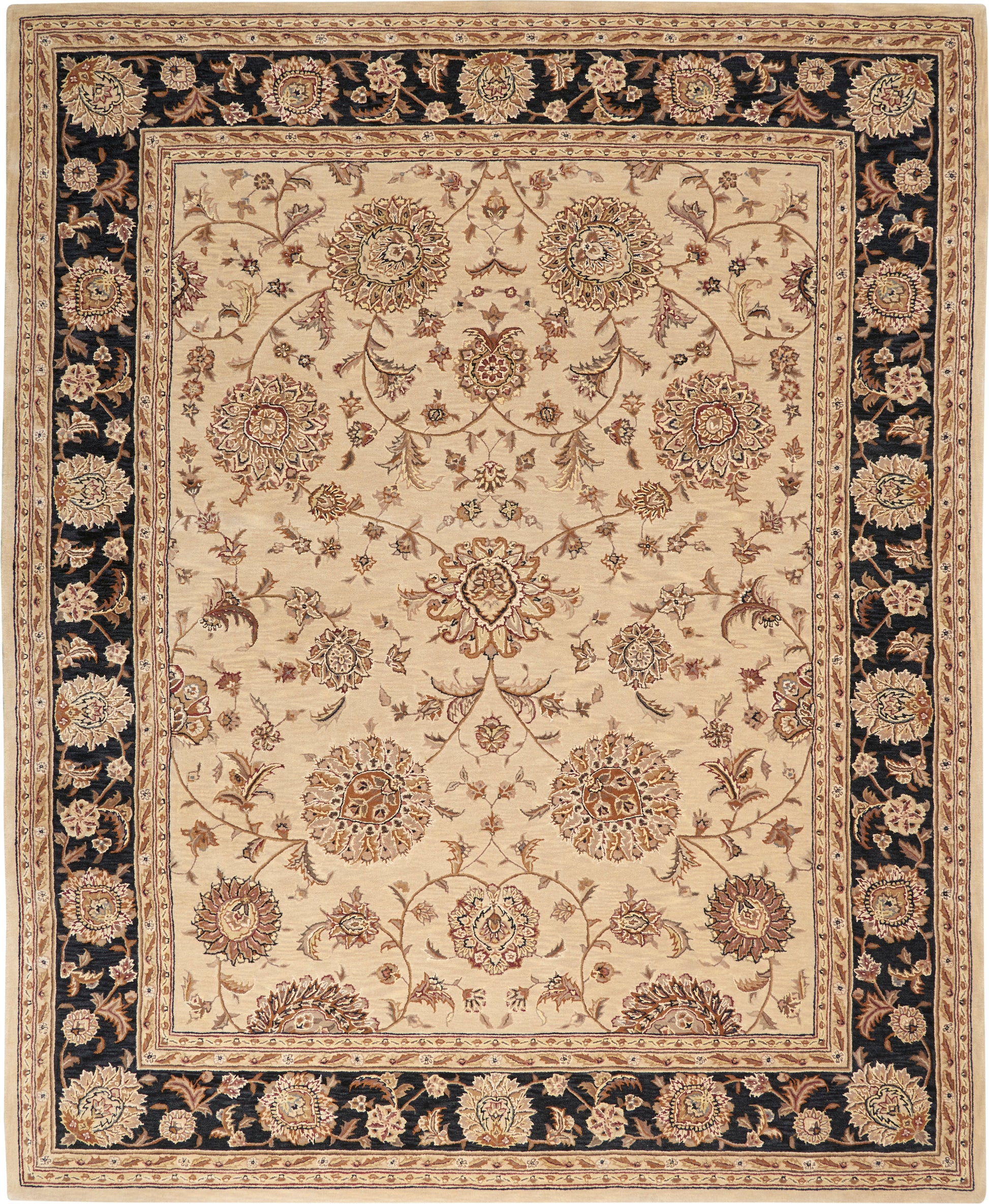 Rectangular Persian-style rug with beige center, ornate floral medallions, and a dark navy border with gold accents.