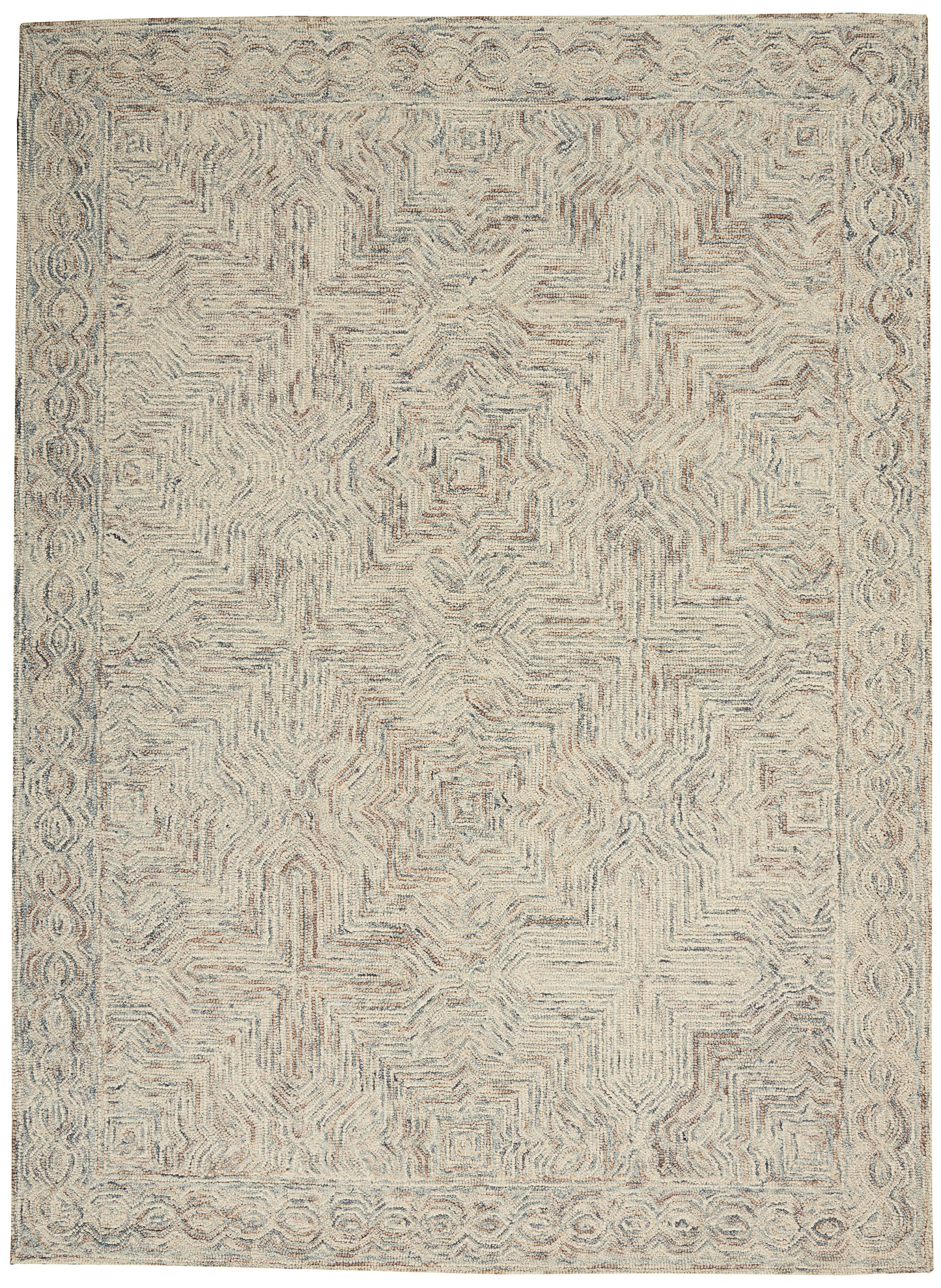Neutral beige rectangular rug with faded geometric medallions and a decorative border in pale blue-gray.