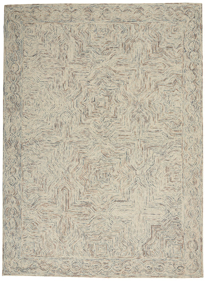 Neutral beige rectangular rug with faded geometric medallions and a decorative border in pale blue-gray.