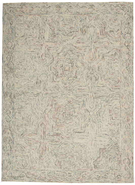 Neutral beige rectangular rug with faded geometric medallions and a decorative border in pale blue-gray.