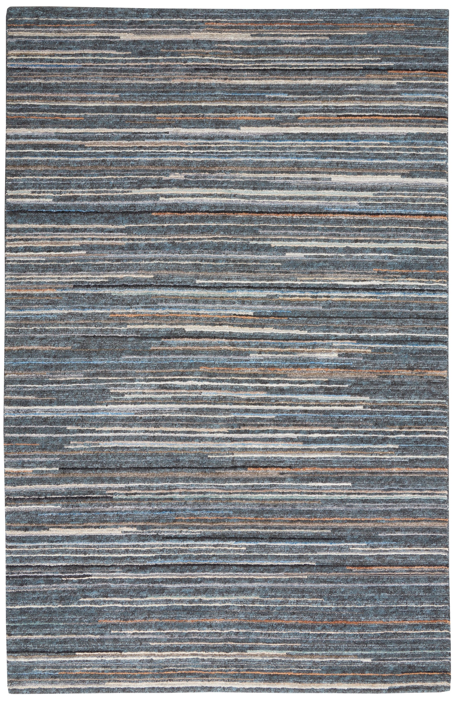 Blue-gray striped area rug with irregular light bands and subtle orange accents; woven texture.