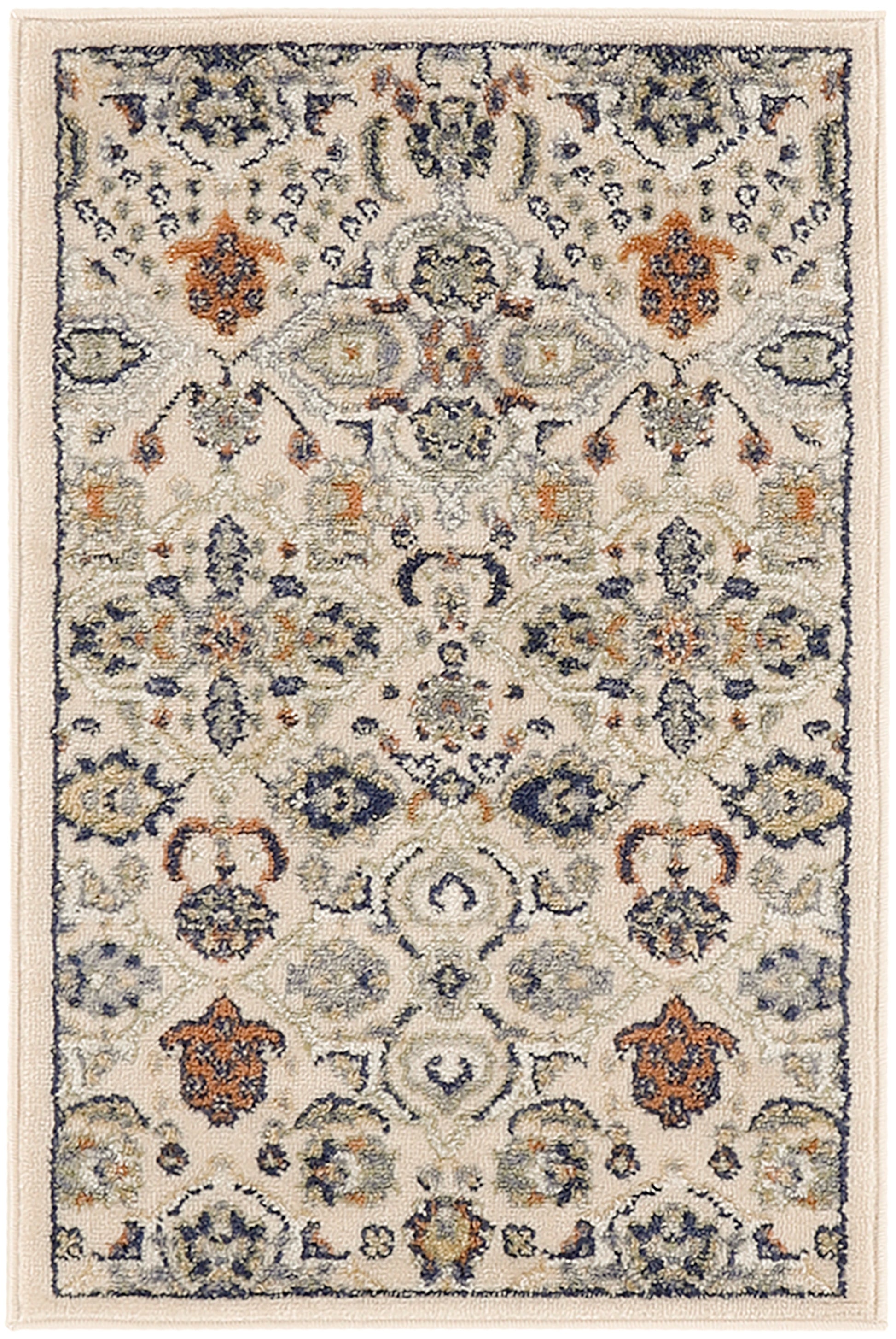 Ivory oriental rug with navy and rust floral medallions, blue accents, scrolling border; Persian-inspired.