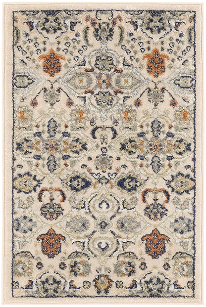 Ivory oriental rug with navy and rust floral medallions, blue accents, scrolling border; Persian-inspired.