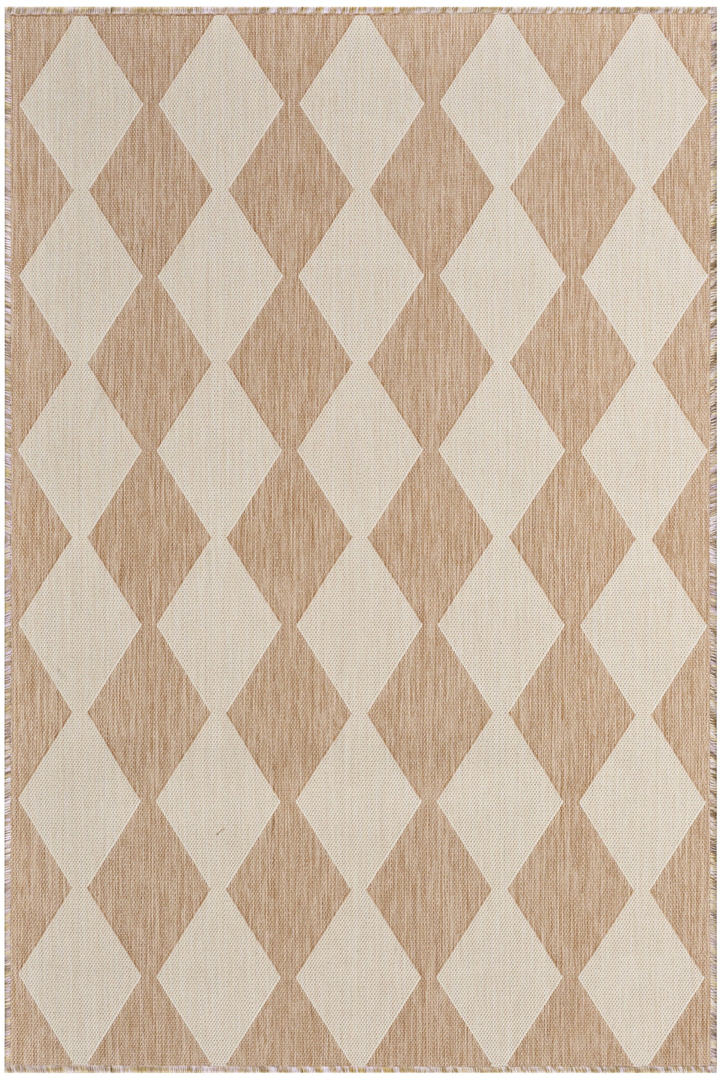 Beige and light tan diamond-pattern rug with woven texture and fringed edges, 4' x 6'.
