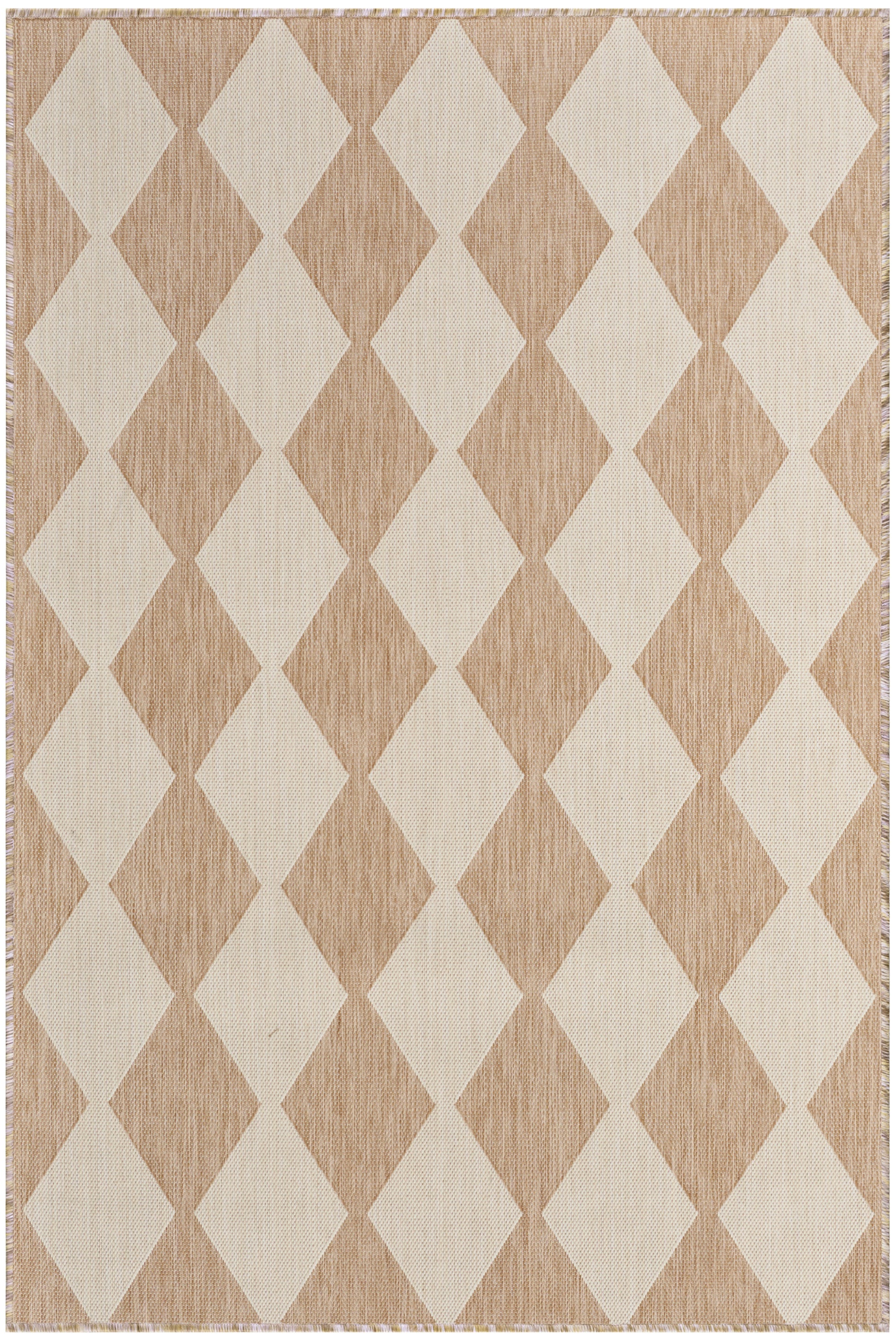 Beige and light tan diamond-pattern rug with woven texture and fringed edges, 4' x 6'.