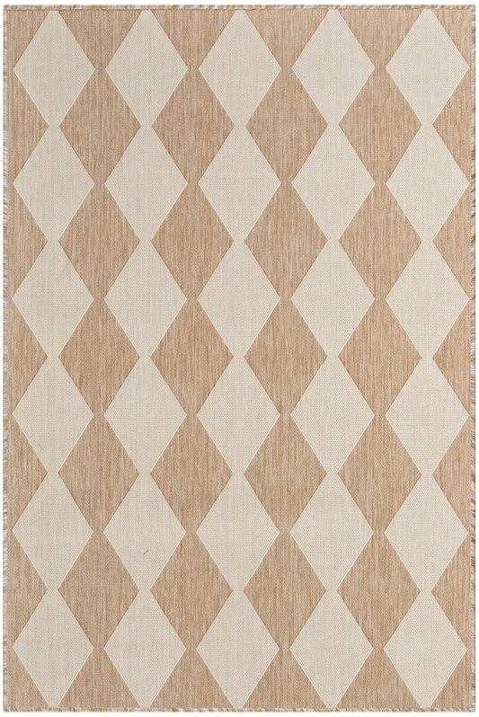 Beige and light tan diamond-pattern rug with woven texture and fringed edges, 4' x 6'.