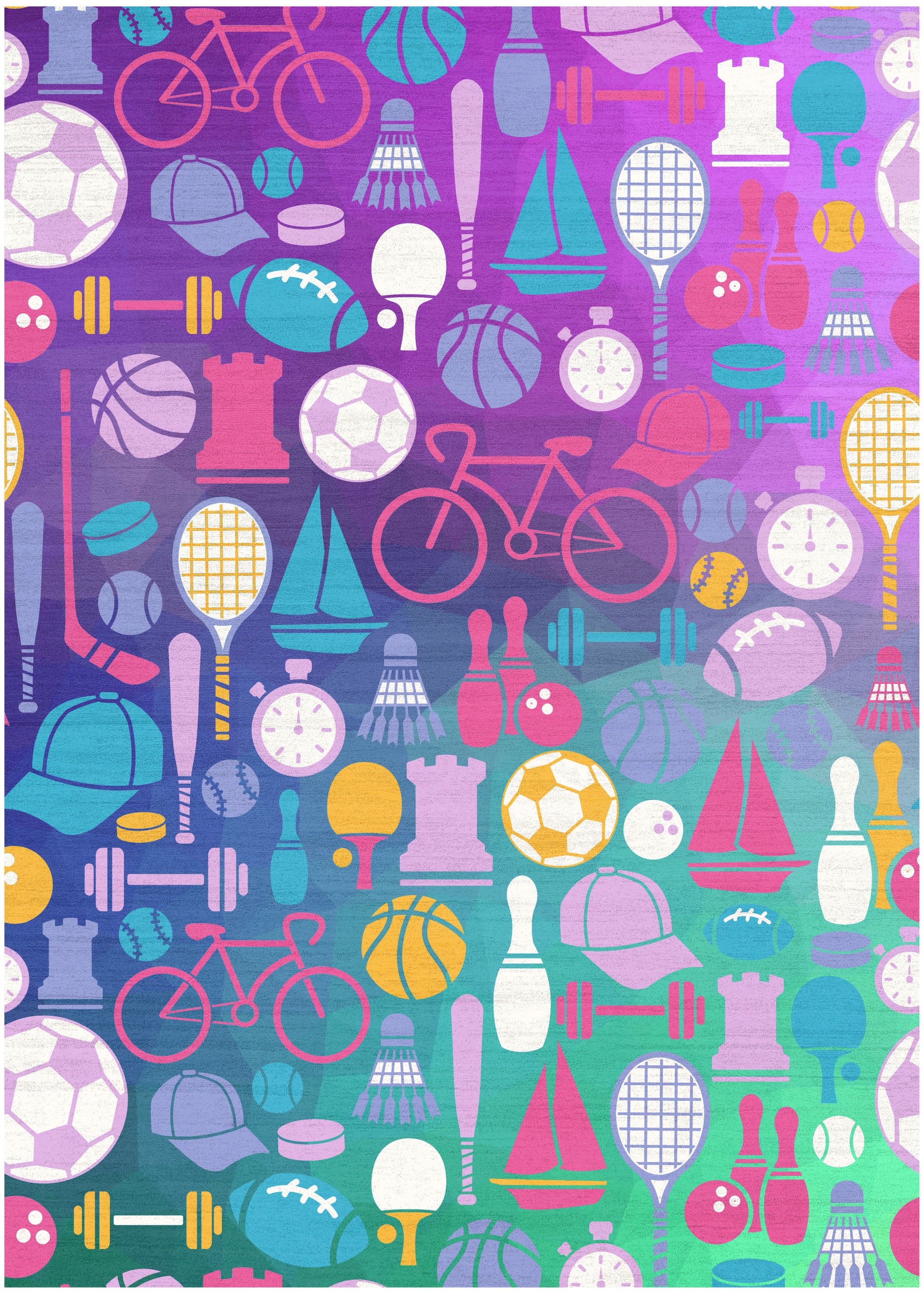 Bright athletic pattern for a kids rug showing soccer, basketball, tennis gear, bikes, clocks, boats, hats and dumbbells on a purple-teal gradient.