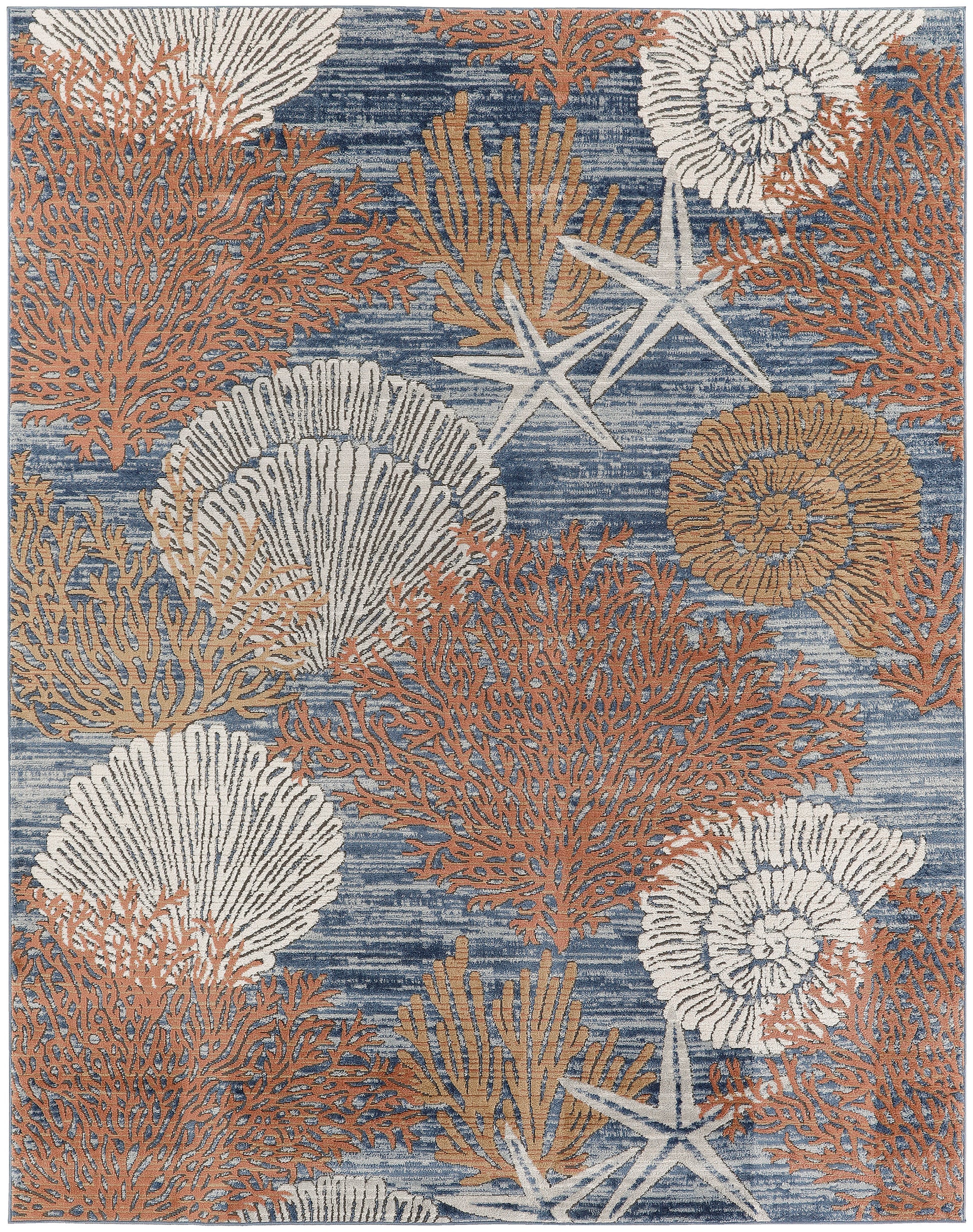 Coastal woven area rug with a blue gradient background featuring white and rust coral motifs, shells and starfish.