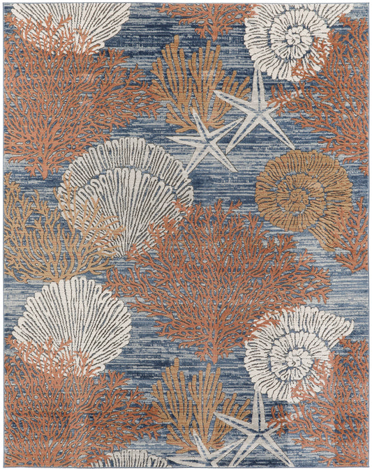 Coastal woven area rug with a blue gradient background featuring white and rust coral motifs, shells and starfish.