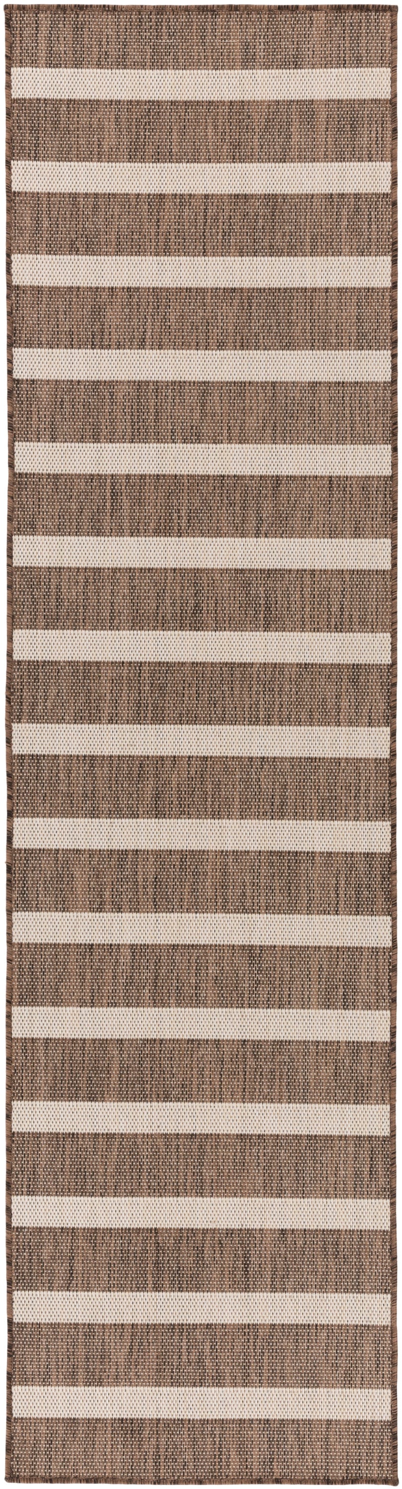 Long woven rug runner in brown and beige stripes with a textured natural fiber weave.