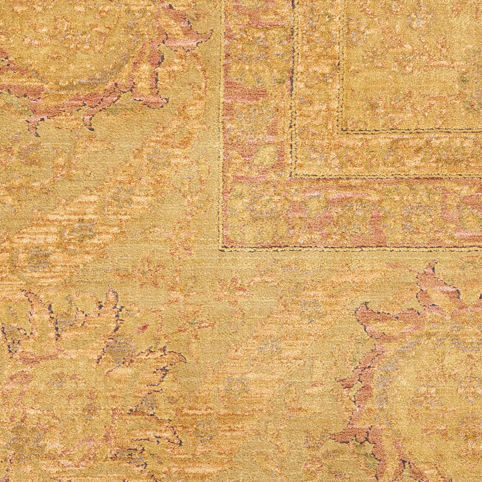 Golden yellow oriental rug with pink floral motifs and a double bordered frame, decorative home accent