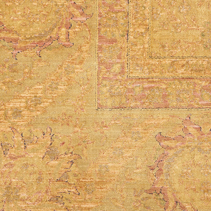 Golden yellow oriental rug with pink floral motifs and a double bordered frame, decorative home accent