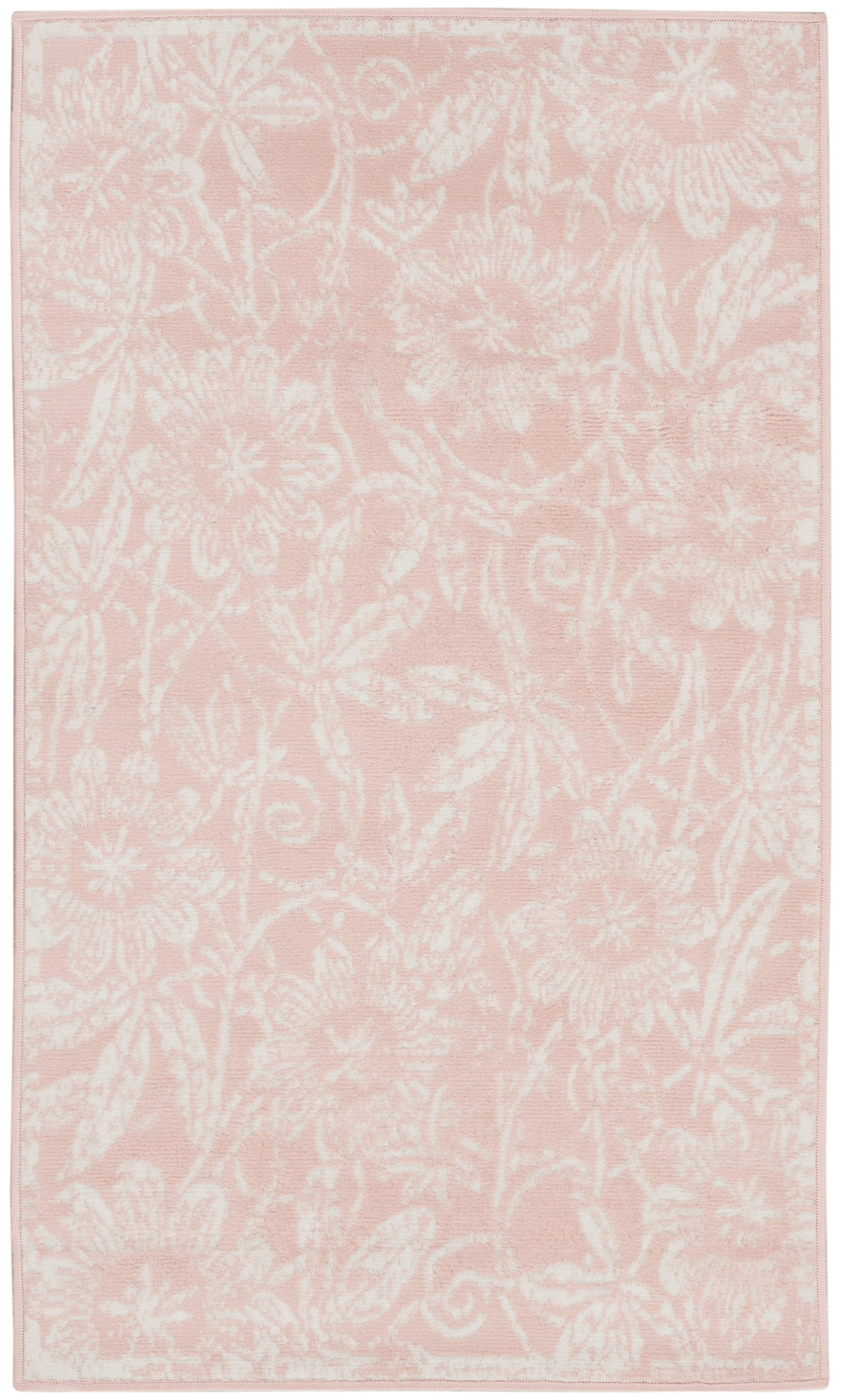 Rectangular blush pink area rug with ivory floral damask pattern and narrow border.