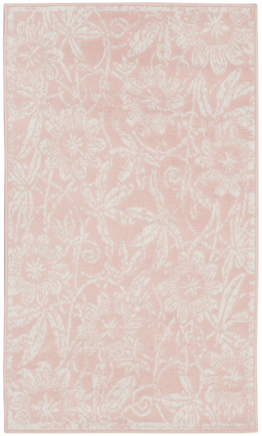Rectangular blush pink area rug with ivory floral damask pattern and narrow border.