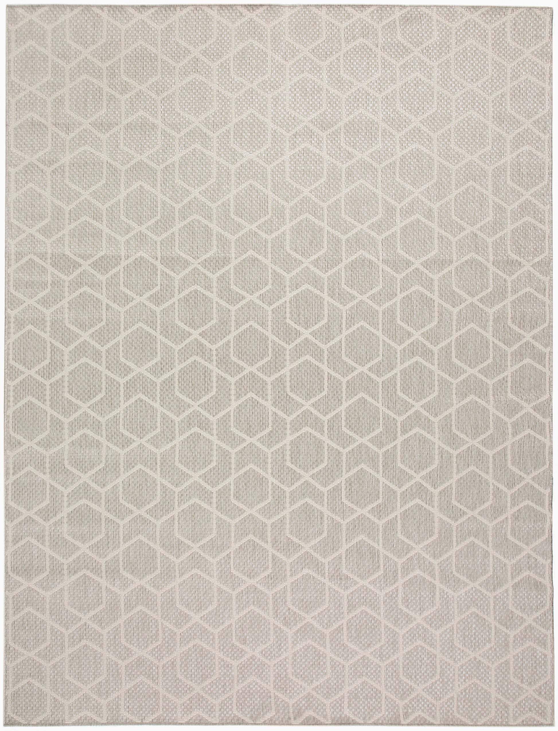 Beige textured area rug with a subtle hexagonal lattice pattern; neutral woven style for living spaces.