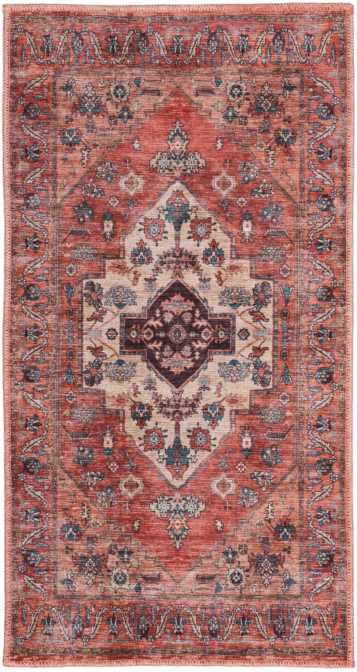 Red oriental rug with central medallion, ivory and teal floral motifs, ornate border; traditional Persian-style area rug.