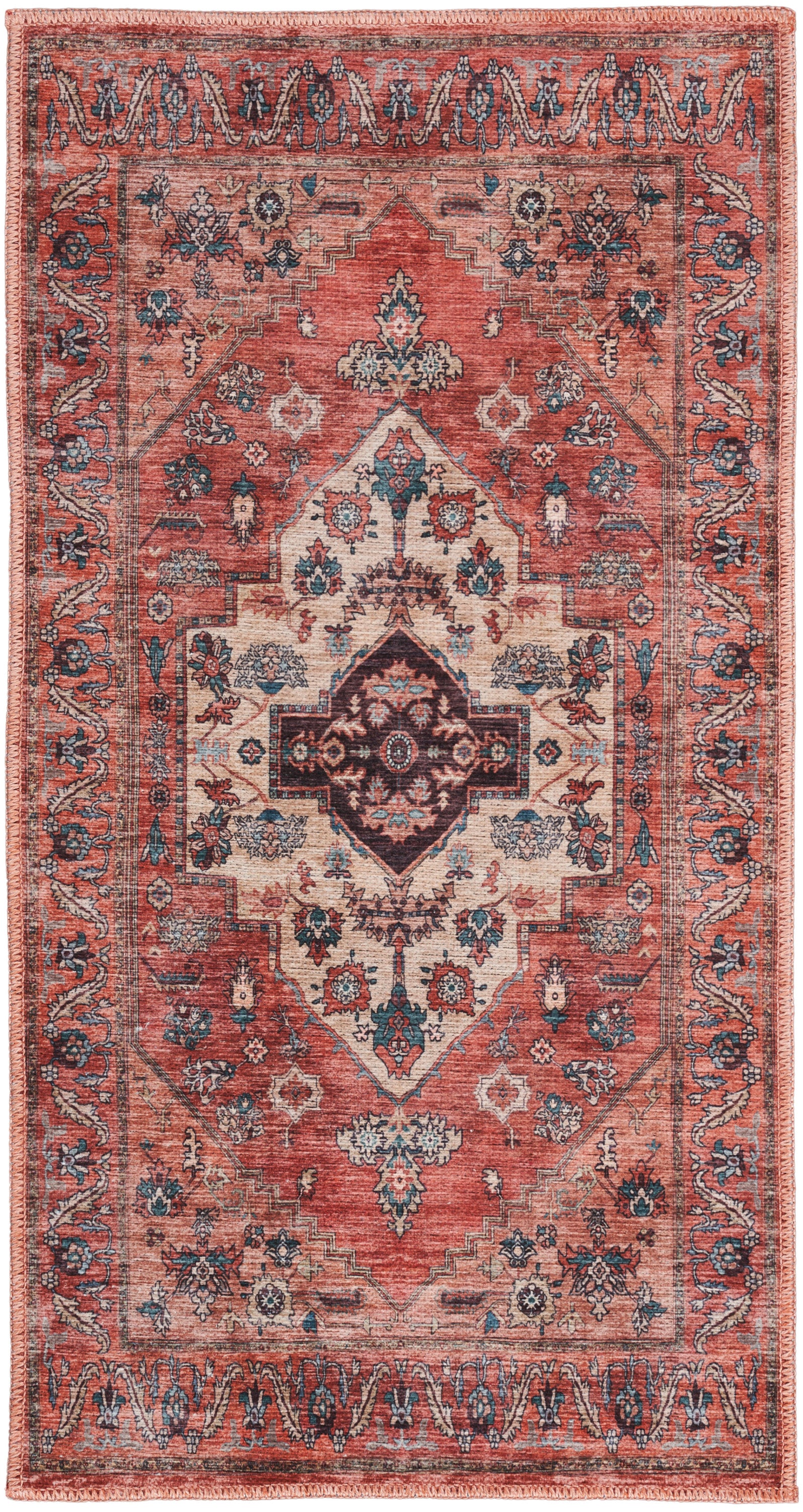 Red oriental rug with central medallion, ivory and teal floral motifs, ornate border; traditional Persian-style area rug.