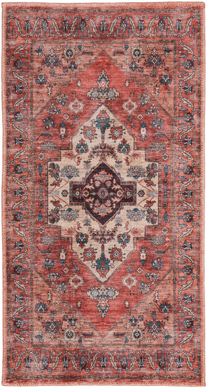 Red oriental rug with central medallion, ivory and teal floral motifs, ornate border; traditional Persian-style area rug.