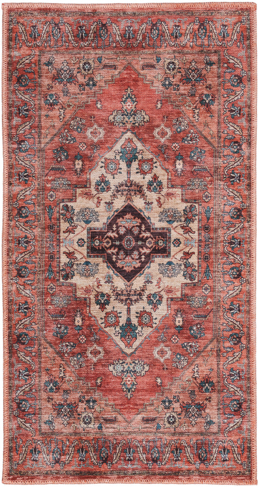 Red oriental rug with central medallion, ivory and teal floral motifs, ornate border; traditional Persian-style area rug.
