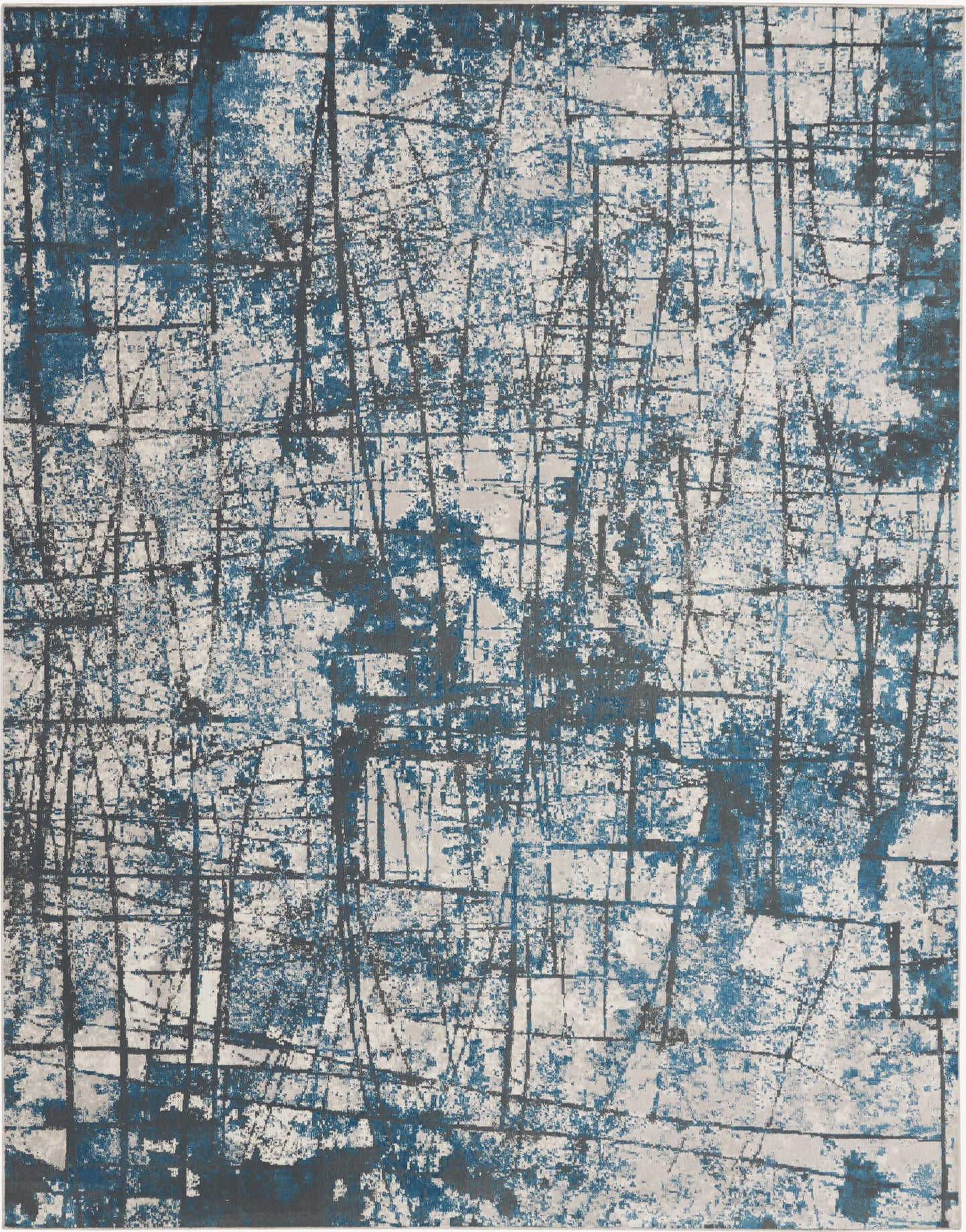 Blue & gray abstract area rug with distressed grid pattern for modern decor.